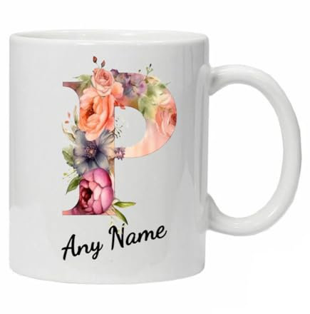 Personalised Mug Cup Watercolour Beautiful Floral Initial Name Tea Coffee Boxed Gift Christmas Gifts for Her Drinkware Ceramic (Letter P)