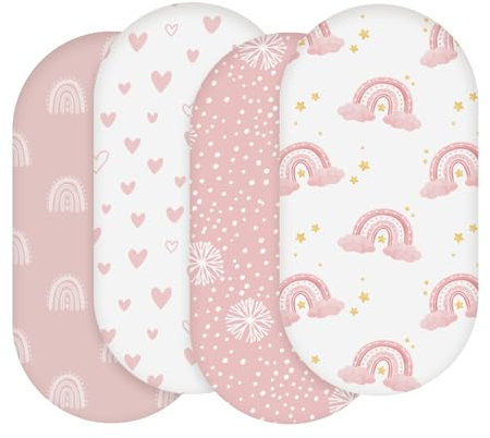 Soarwg Kids Moses Basket Sheets 82X41cm, Baby Bassinet Sheets Pram Sheet Fitted for Boy and Girl, Crib Fitted Sheets Oeko-tex100 Fit for Oval, Hourglass & Rectangle Bassinet 4 Packs Pink/White