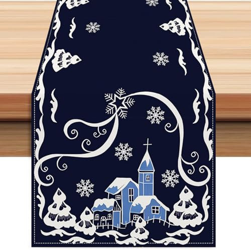 Blaue Schneehaus Tischläufer Weihnachten 33x183cm Waschbar Polyester Schneehaus Muster Tischdecken Tischband Weihnachtsdeko, Winter Weihnachten Holiday Tischdecken