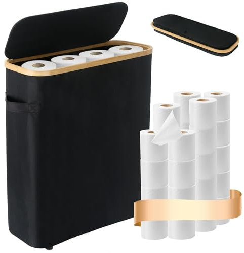 TEHEO 45L Toilettenpapier Aufbewahrung Korb mit Deckel - Klorollenaufbewahrung Groß Schwarz - WC Papier Aufbewahrung Wasserdicht für 18 bis 24 Rollen - Bambus Toilet Paper Organizer