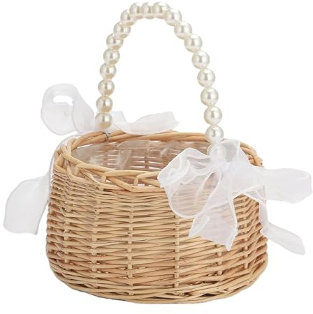 Panier en osier avec poignée en perles + nœud ruban, panier de pétales de mariage, paniers de fleurs en rotin tissé romantique pour carte de mariage, décoration de mariage en rotin