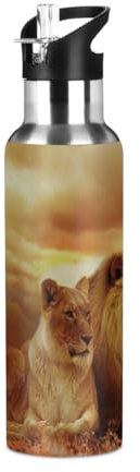 Mexpekil Bouteille d'eau en acier inoxydable avec paille isotherme - Motif lion - Pour enfants, filles, garçons, école, course à pied, 600 ml