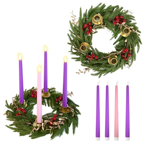 5 Pcs Christmas Advent Wreath Candle Holder with 4 Flameless Candles Christmas Norfolk Pine Candle Ring Holder Advent Wreaths with Red Berries Golden Leaves for Season Gifts Table Centerpiece Decor