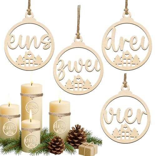 Adventskranz Zahlen 1-4 Holz, Adventszahlen 1-4 für Kerzen & Kerzenhalter, Adventskranz Deko Modern Nummern Holzanhänger