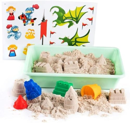 Genio Kids Set Sabbia Magica per Bambini, Sabbia Naturale di 1kg con Accessori - con Sabbiera e 4 Formine Castello di sabbia, Regalo per Bambini, Ragazzi e Ragazze (New)