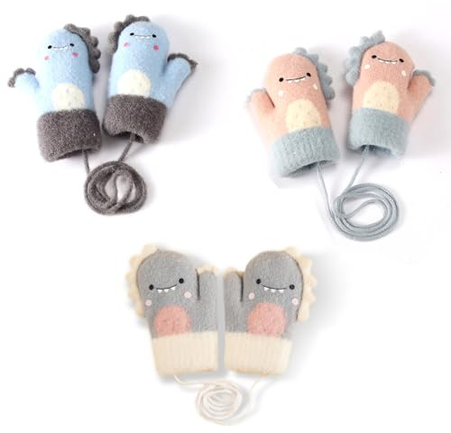 HTTDSLF 3 Paires Moufles Bébé Mitaines Tricoté Chaud Douce, Enfant Gants Tricotés avec Ficelle Anti-perte, Moufle Tricoté pour Bébé Fille et Garçon, Moufles D'hiver Bébé Tricotées 1 à 4 ans