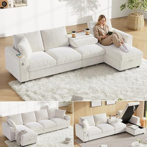 Yihomfy 280 cm canapé d'angle Convertible,Canapé d'angle modulable de avec Porte-gobelets, canapé d'angle en L avec méridienne de Rangement réversible, canapé en Chenille, pour Salon,Beige