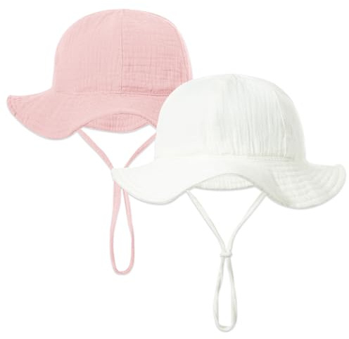 HTTDSLF 2 Pcs Chapeau Soleil Bébé Fille Ajustable Naissance Bonnet UV Enfant Casquette Fille Coton Chapeaux de Soleil Coton Casual Plage Vacances 0 à 2 Ans, Blanc et Rose