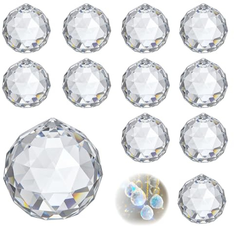 12 Stück Sonnenfänger Kristall, Suncatcher Kristall aus Glas K9 30mm Hängende Kristallkugel Klare Sonnenfänger Prisma Clear Kristalle zum Aufhängen für Fenster Kronleuchter Heimdekoration