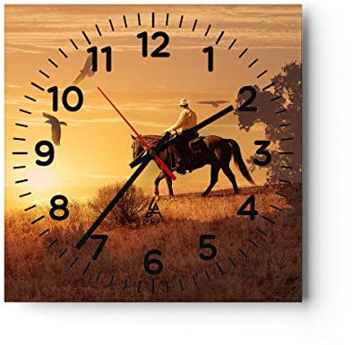 Modern Wanduhr Pferd Cowboy Bauernhof Reiten 30x30cm Quadrat Klein Wand Uhr Glas Analog Zimmeruhren Küche Büro Wohnzimmer Glasuhr Wall Clock Dekoration Design Wanddekoration Küchenuhr C4AC30x30-2955