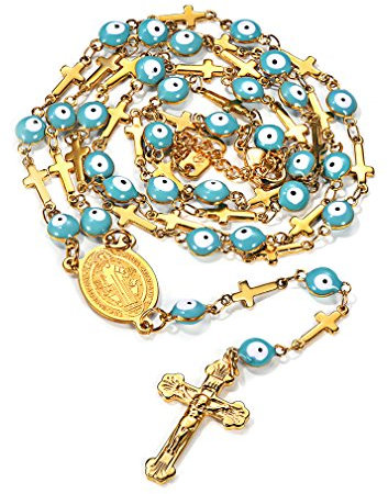 FaithHeart Kreuz Kette Damen Herren Auto Rosenkranzkette Gold Kreuzkette Edelstahlkette mit Heilige Benedikt von Nursia Gebetskette Katholisch Halskette Rosary Necklace Amulett Schmuck