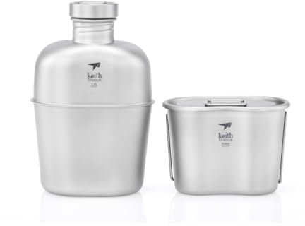 Keith Titanium Camping Geschirr-Set, Ti3060 1100ml Portable Army Titan Militärflasche Mit 700ml Camping-Topf mit Deckel (faltbare Griffe für einfaches Manövrieren), Ideal für Wandern, Camping