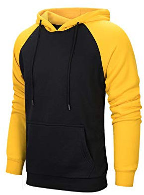 MANLUODANNI Men's Pullover Hoodies Hooded Sweatshirt Patchwork Top Casual Hoody with Kangaroo Pocket Yellow Black L