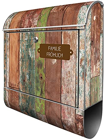 banjado® Design Briefkasten personalisiert Buntes Holz 38,5x46,5x13cm & 2 Schlüssel - Briefkasten Stahl Silber Zeitungsfach pulverbeschichtet - Postkasten A4 Einwurf inkl. Montagematerial