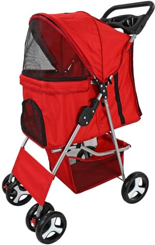 Foldable Pet Stroller with Weather Protection and Swivel Wheels 15 kg Carrying Capacity - Red