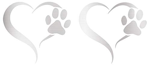 Finest Folia 2er Set Aufkleber Pfote und Herz 10x11cm Hund Katze Sticker für Auto Motorrad Wand Laptop Möbel Pfotensticker Hundepfote selbstklebend (K017 Silber)