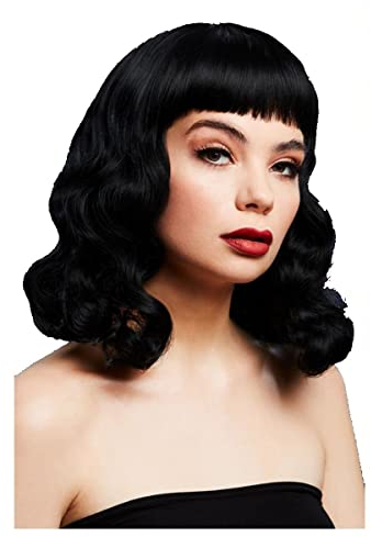 Smiffys Fever Bettie Perücke mit kurzem Pony, Schwarz, Wellig und schulterlang mit Mittelscheitel, 32cm