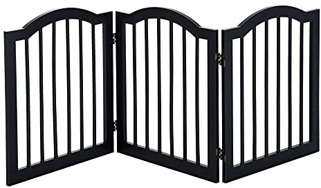 PawHut Freestanding Pet Gate Wooden Dog Gate with Support Feet Foldable Pet Fence Safety Barrier for the House Doorway Stairs Black