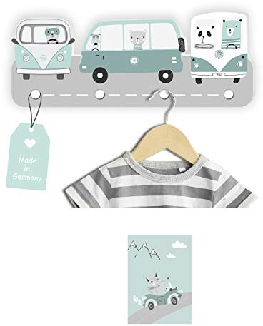 Kindsblick® Wild Cars Kindergarderobe in Mintgrün inkl. niedlichem A4 Poster - Garderobe Kinder Edition mit 4 Haken - Wunderschöne Kinder Garderoben Deko - Kinder Garderobe Maße (38 x 15 x 1 cm)