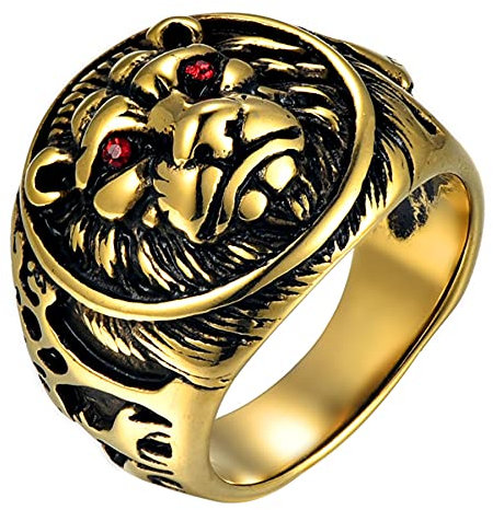 Flongo Herren Ring, Männer Bandring Siegelring Daumenring Gold Ton mit Löwenkopf Schild Hochzeit Verlobung Engagement Biker Herren-Accessoires Größe 54