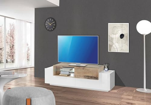 Dmora - Meuble TV Pablo, Buffet bas de salon, Base pour meuble TV, 100% Made in Italy, 160x45h51 cm, Blanc brillant et Érable