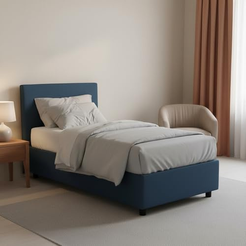 Talamo Italia - Chiaraluna-Einzelbett, Bettkasten mit Stoffbezug, 100 % Made in Italy, Öffnung vorne, inklusive Matratze 90 x 190 cm, Blau