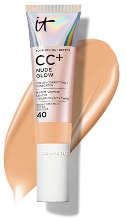 IT Cosmetics CC+ Nude Glow (Medium Tan) - Medium Coverage Foundation with SPF 40 & Brightening Glow Serum, Lightweight Skin Tint, 2% Niacinamide + Hyaluronic Acid, Up to 24H Hydration - 1.08 fl oz
