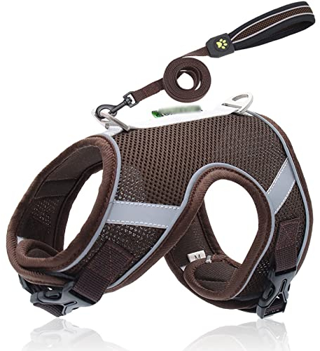 No-Pull Hundegeschirr Und Leine Set,Anti Zug Atmungsaktiv Brustgeschirr Geschirr,Reflektierende Welpen Hund Geschirr Für Katze Welpen Hunde Für Den Täglichen Training,Braun,L