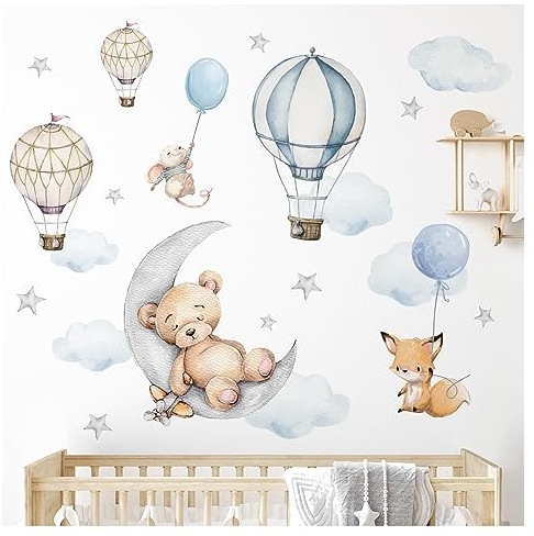 Little Deco Bär auf Mond Wandsticker Tiere für Babyzimmer Wandtattoo Heißluftballon für Kinderzimmer Wandaufkleber selbstklebend DL850-2