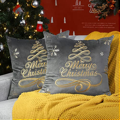 Lewondr Christmas Throw Pillow Covers, Dark Gray, Christmas Tree, 2 Pack | Embroidery Hot Stamping Pattern, Dutch Velvet Pillowcases, Xmas Decorative Cushion Covers, Soft for Sofa Bed Chair