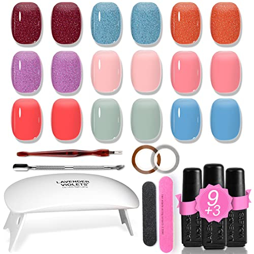 Lavender Violets 19 Pcs Gel Nail Polish Kit With UV Lamp Trendy Jelly Color Nude Pink Red Semi-transparent, LED UV Nail Light Base, Matte n No Wipe Top Coat Nail File Golden Sliver Sticker Tools R964E