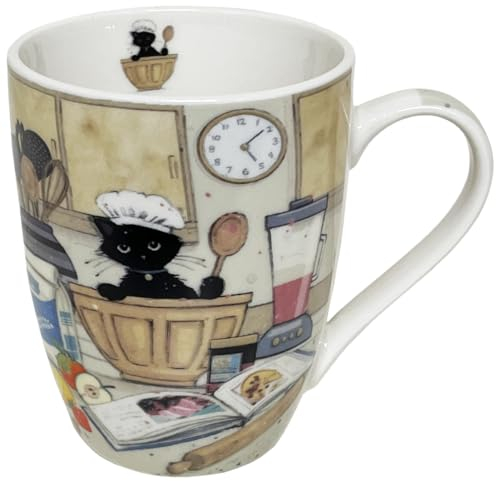 KIUB Mug porcelaine arrondi - motif chat patissier en pleine action - hauteur 10CM - contenance 340ML - boite assortie