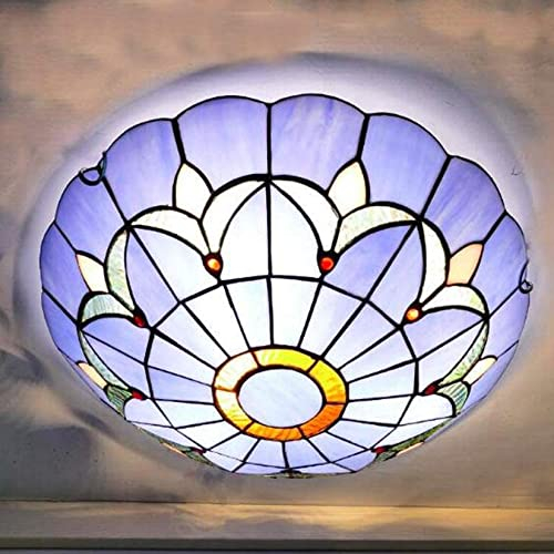 16 Zoll Tiffany Stil Deckenleuchte Barock Flieder Blume Blau Glas Schirm Bündige Montage Deckenleuchte 3 Leuchten E27 für Wohnzimmer Schlafzimmer Esszimmer Eingang Flur