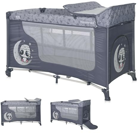 Lorelli 3 in 1 Babybett und Laufstall, Moonlight 2 Ebenen, Seiteneingang, Kinderbett ab Geburt, Baby Reisebett, Wickelauflage, Rollen, Tasche, grau