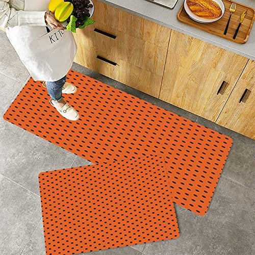 Küchenteppich Teppich Läufer Küchenläufer 2 Stück rutschfest,Orange, Vintage Retro Design Kleine schwarze Tupfen mit orangefarbenem Hintergrund Klassis, Waschbar für Flur Küche 40 x 100 cm+40 x 60 cm