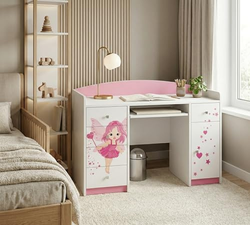 Happy Babies Schreibtisch Kinder mit Stauraum 125x89x60 Computertisch mit Tastaturablage weiß Rosa Möbel für Kinderzimmer mit Schubladen Muster Kleiner Elefant