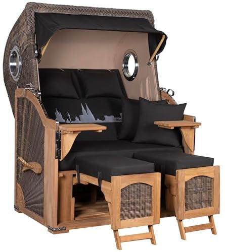 MR. DEKO® Strandkorb Düne Teak Bullauge | PE Geflecht Grey | Volllieger verstellbar | Fußablage | 2-Sitzer Strandkörbe aus Teakholz für Garten & Terrasse, fertig montiert (Dessin Skyline Köln)