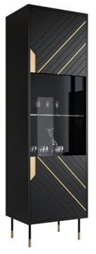 Mirjan24 Standvitrine Murni 54, Vitrine, Metallfüße, goldlackierte Elemente, B:54 x H:180 T:40 cm Vitrinenschrank, Glasvitrine, Wohnzimmer Schrank mit Fächern, Hochschrank (Schwarz/Schwarz + Gold)