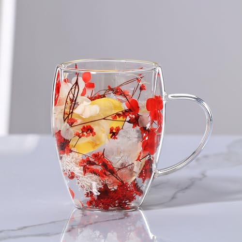 LeKuni Tazzine Caffe Vetro Con Fiori Secchi, Tazzine Caffe Particolari Da 350Ml, Regalo Natale Donna, Tazze Caffe In Vetro Trasparente Per Cappuccino, Nespresso, Latte, Tè(rosso)