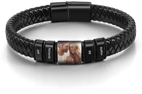 kaululu Personalisiertes Lederarmband mit Foto für Männer Herren Lederarmband Perlen mit Gravur Namen für Papa Ehemann Personalisierter Schmuck Silber Schwarz