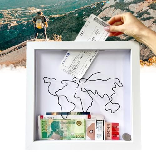 WYFCR 3D Bilderrahmen Zum BefüLlen, Spardose Reisen, Reise Sammelbox, Abenteuer Archivbox für Erinnerungen Reise Schattenbox, Objektrahmen Spardose 29x29 cm, als Geschenk für Familie Freunde usw