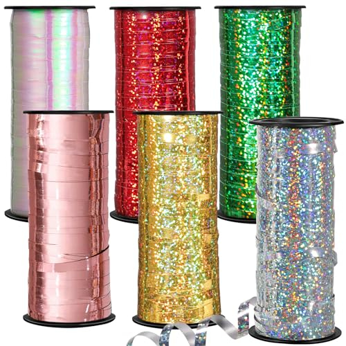 549 Meter/600 Yards Geschenkband Set, 5 mm Ringelband Geschenkband Glitzer Ballonband Dekoband für Geschenkverpackung Ballonverschlüsse Basteln Deko Karneval Hochzeit Geburtstag (6 Rollen, Bunt)