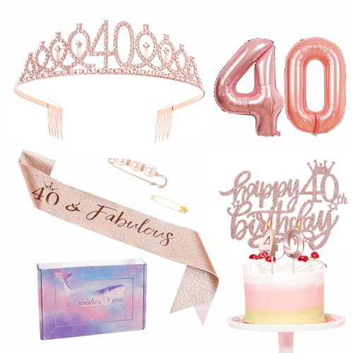 Rose Gold 40th Birthday Decorations - Women's Sash Tiara Set, Party Pack Sash, Crown, Number 40 Foil Balloons, Cake Topper, Candle