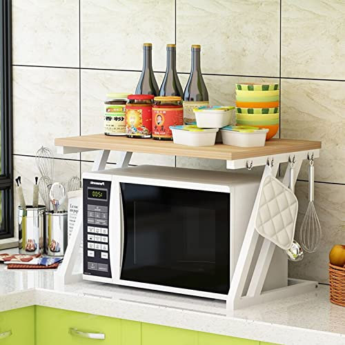 HUOLE Meuble Rangement de Cuisine Support Four Micro-Ondes avec 2 Niveaux d'étagère Extensible en Hauteur & Largeur- avec 3 Crochets Parfaits (57 * 38 * 38 cm Z-Noyer)
