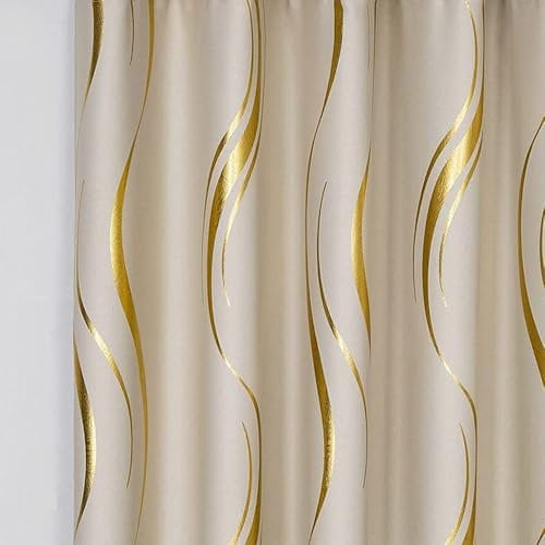 MYRU 1 Pair Pencil Pleat Luxury Striped Blackout Curtains for Bedroom Living Room (Beige and Gold,66x90 Inch)