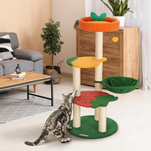 Happy & Polly Süßer Katzenbaum – 102,9 cm Fruit World Katzenturm für Indoor-Katzen, Katzenbaum mit Sisal-Kratzstämmen, gemütliche Hängematte, Plüsch-Erdbeer-Sitzstangen, Kätzchen-Katzenbaum, Turm,