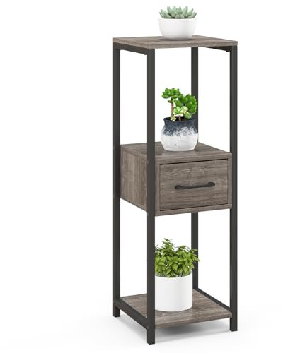 COSTWAY 3 Etagen Metall Pflanzenständer, 60 kg, Blumenständer mit Schublade & Kippsicherung, Pflanzentreppe Holz, Blumenregal Blumentreppe Pflanzenregal, für Balkon Indoor, 30,5 x 30,5 x 92 cm, Grau
