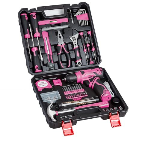 Ensemble de perceuses - Kit d'outils pour la maison avec perceuse, kits d'outils à main - Rose
