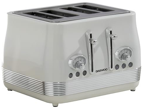 Daewoo Denver 4 Slice Toaster – Buttermilk Cream, Retro Vintage Design, Wide Slots, Defrost, Reheat, Cancel Functions, Browning Control, Removable Crumb Trays – Ideal for Family Kitchens