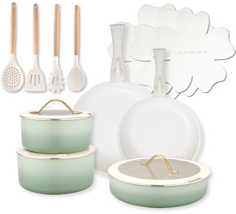 ONGIFT 20pcs Ceramic Cookware Set Nonstick, Detachable Handle Pots and Pans Set, Non Toxic,No PFAS & PTFE & PFOA, Dishwasher/Oven Safe, RV Kitchen Set Removable Handle for Cooking, Green